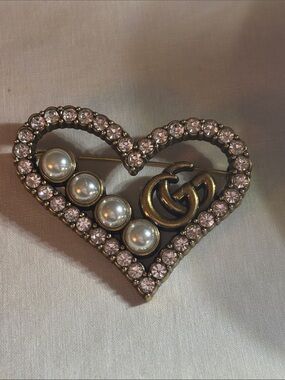 Gold-Tone Heart Brooch with Pink Crystals and Pearls